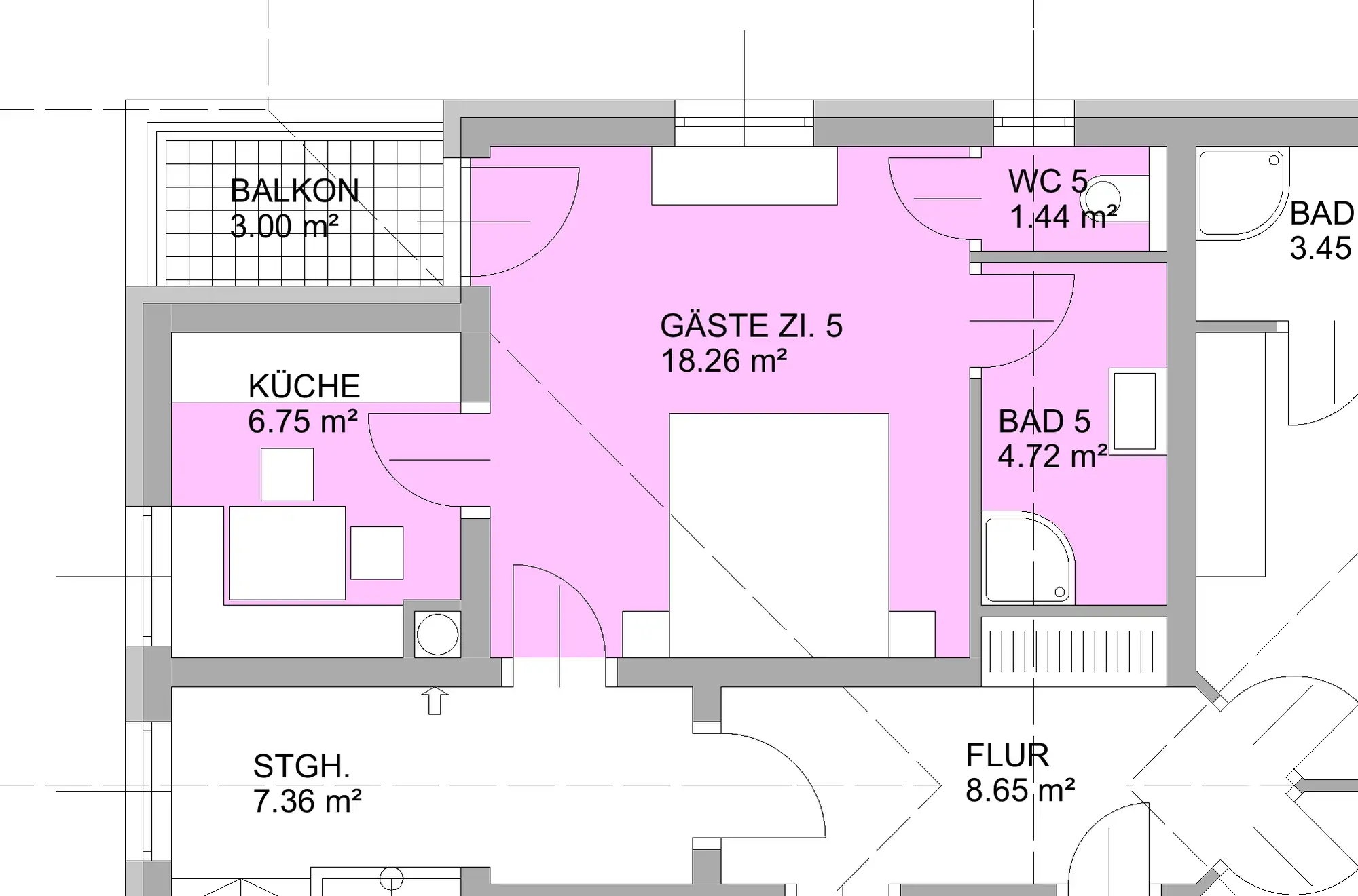 Grundriss des Appartements Enzian mit Küche, Schlafzimmer, Badezimmer, WC und Balkon