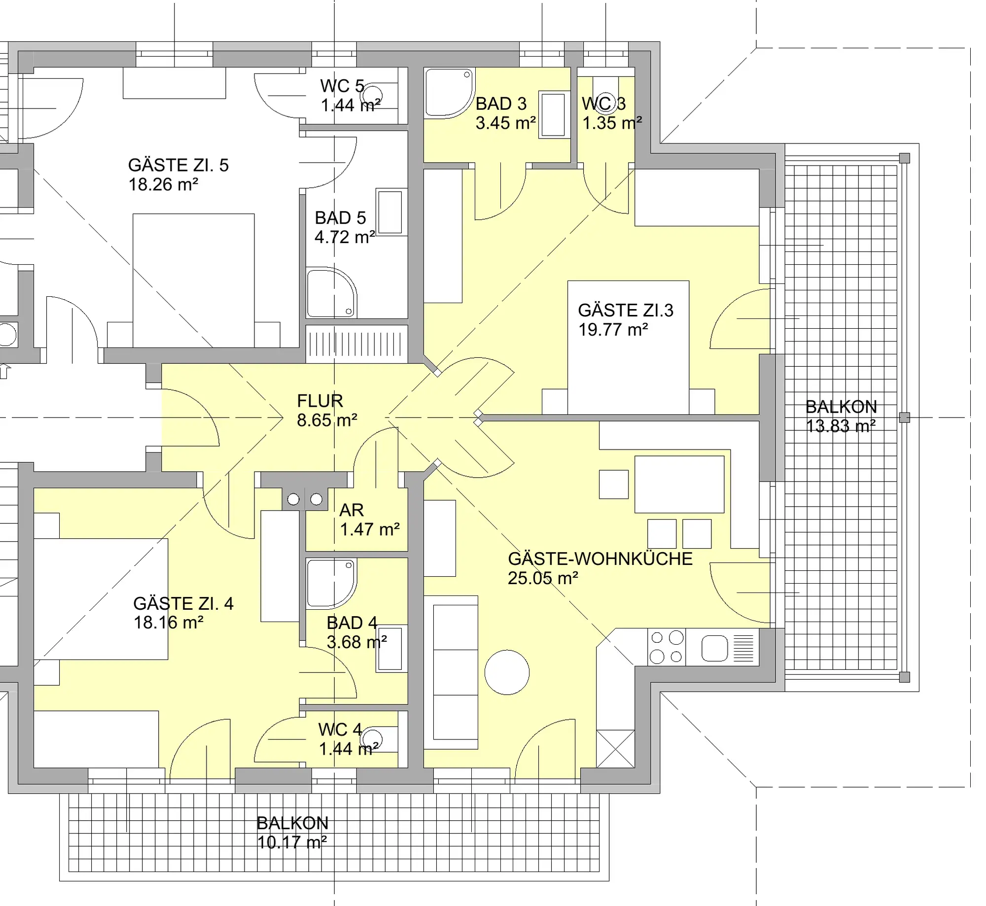 Grundriss der Suite Frauenkogel mit Wohnküche, zwei Schlafzimmern, zwei Bädern und Balkonen