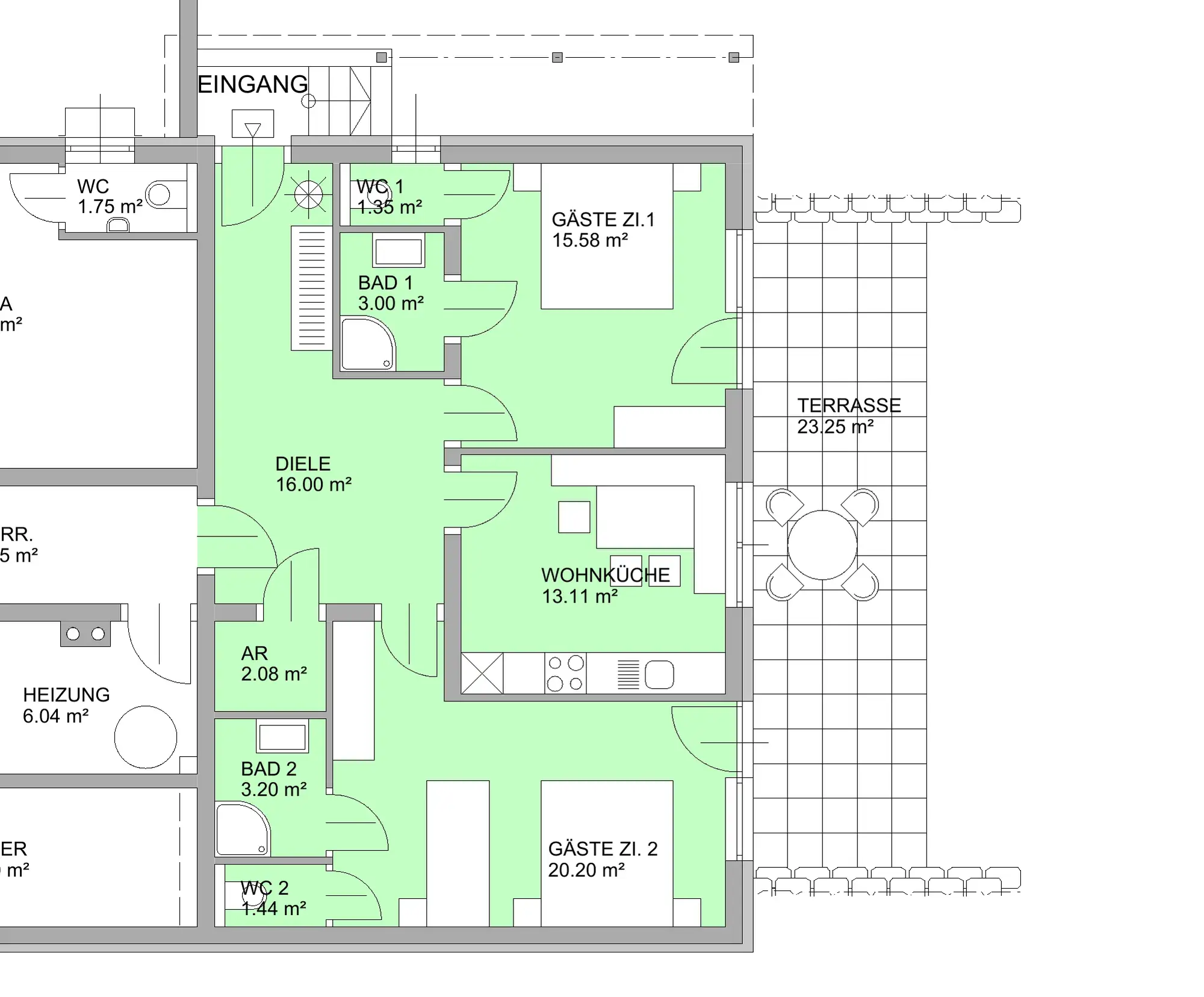 Grundriss des Gartenappartements mit Küche, zwei Schlafzimmern, zwei Bädern und Terrasse