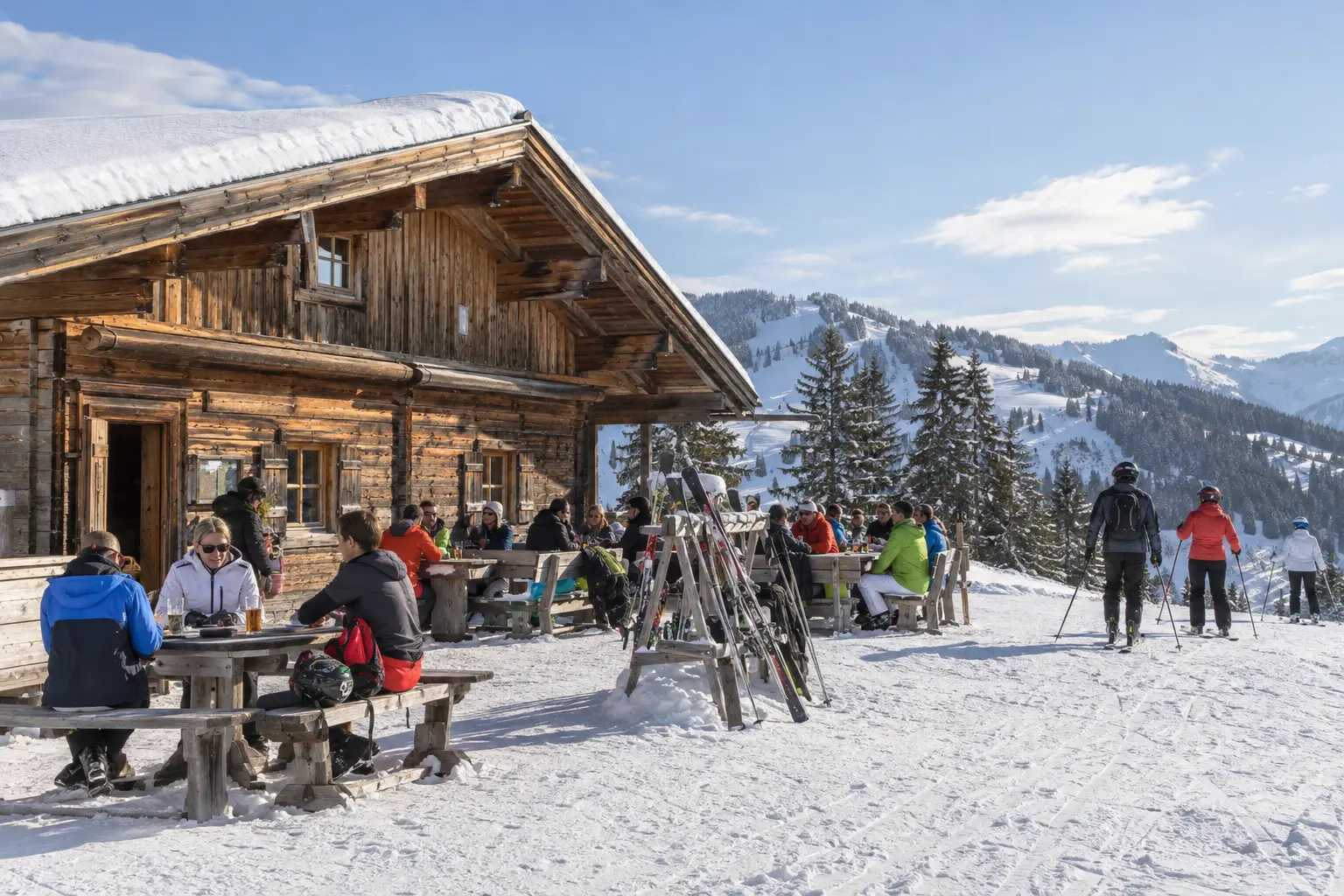 Skifahrer bei einer gemütlichen Hütte an der Piste